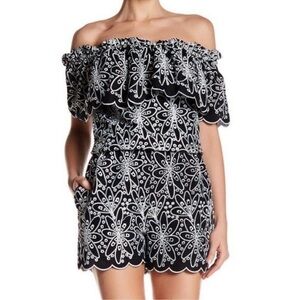 Laundry by Shelli Segal Black Embroidered Off Shoulder Romper